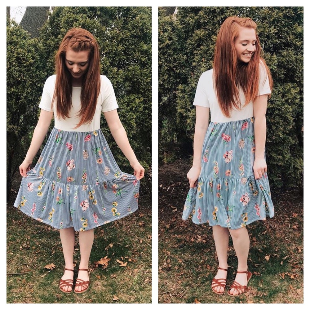 Navy Pinstripe Baby Doll Floral Swing Dress